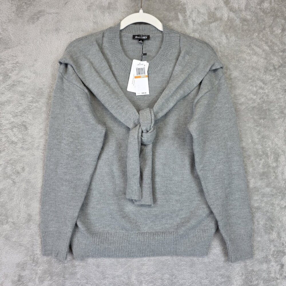 Line & Dot Sweater Womens Small Gray Crew Neck Pullover Tie Front Scarf Knit